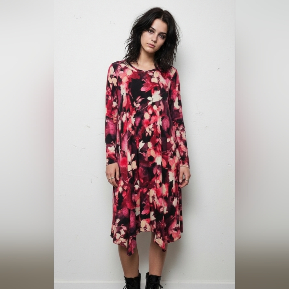 Logo Lori Goldstein Dress Goth Grunge Midi Pink Black Floral Shift LP